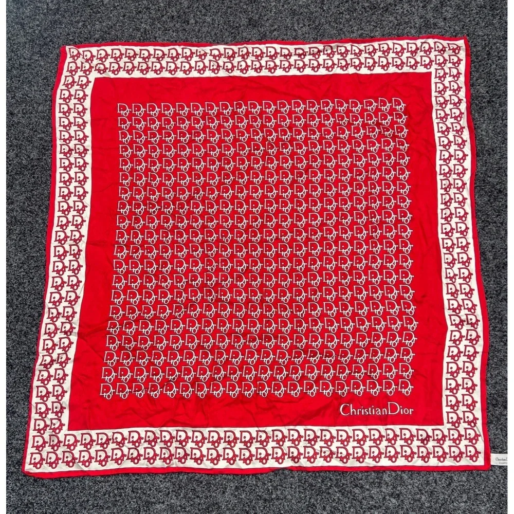 Vintage Christian Dior Scarf Womens OS Red Silk Monogram Logo Square Neck Luxury